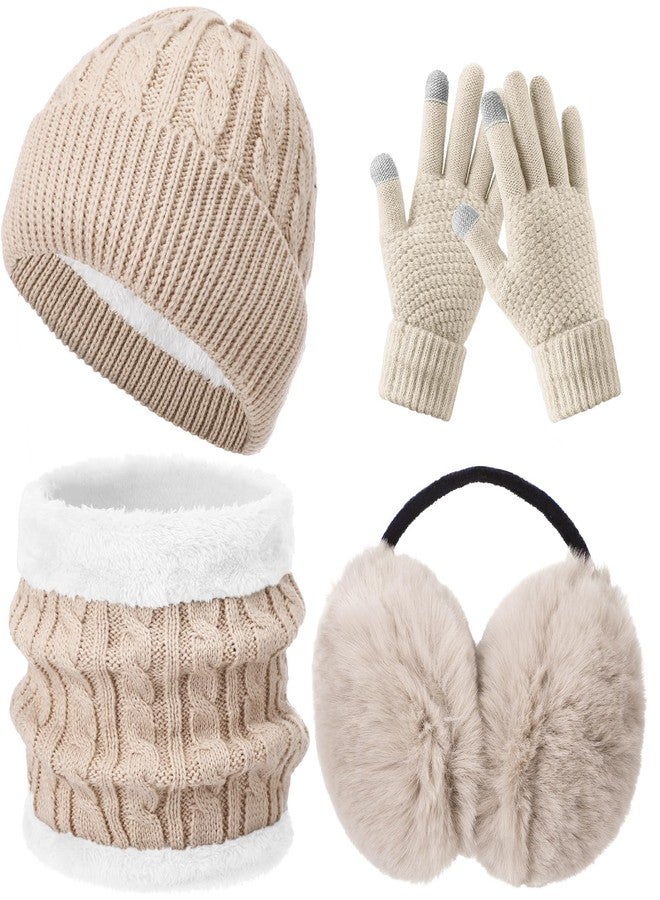 ShinyMatch 4 Pcs Winter Hat Scarf Gloves and Ear Warmers Set, Fleece Lined Knit Hat Scarf Touch Screen Gloves for Women Girl (Beige) - Image 1